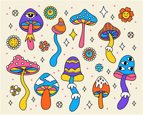 conjunto de hongos alucinogenos brillantes pegatinas de bebe al estilo hippie dibujos