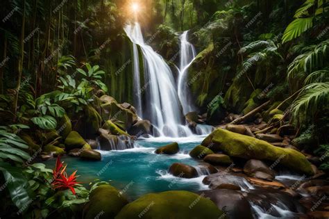 Tropical Rainforest Waterfalls With Flowers