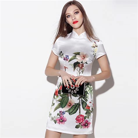 endearing floral print silk short qipao cheongsam dress qipao
