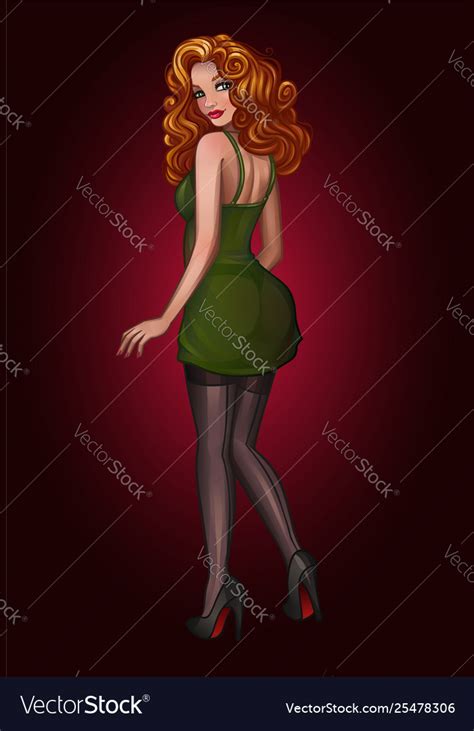 Beautiful Redhead Pin Up Girl In Green Dress Vector Image