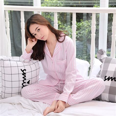 Pajamas Sets Women Striped 100 Cotton Carton Fashion Women Long Sleeve