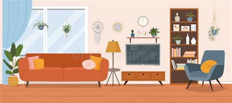 sala interior comodo sofa tv ventana silla  casa plantas vector plano ilustracion de dibujos