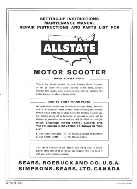 allstate compact setting  maintenance repair  parts list manual sears allstate riders