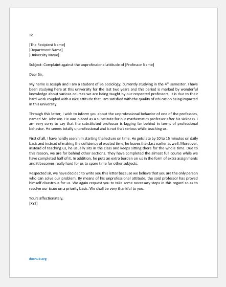 complaint letter  unprofessional behavior  professor