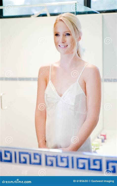 woman  bathroom stock photo image  eyes nightwear