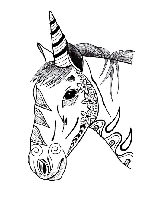 black  white drawing   unicorns head  flowers   forehead