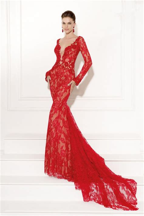 Sexy Plunging Neckline Open Back Long Sleeve Red Lace Evening Occasion