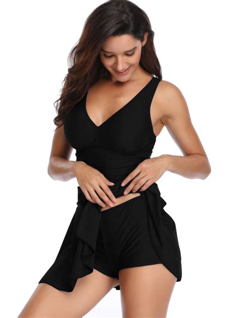 sexy dance women plus size two piece swimdress with shorts bottoms