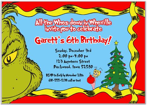 grinch christmas birthday party invitations