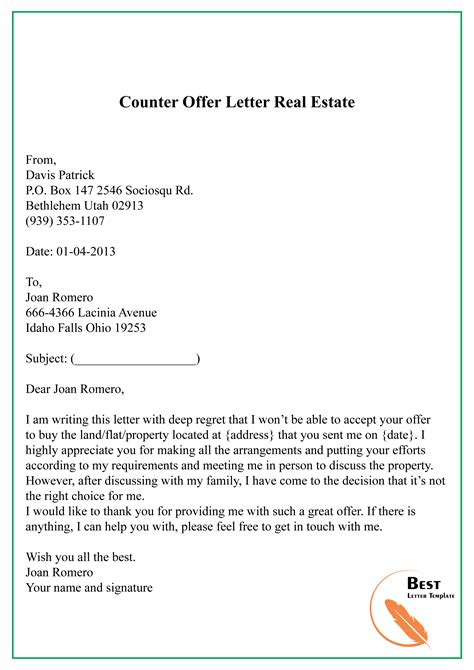 counter offer letter real estate   letter template