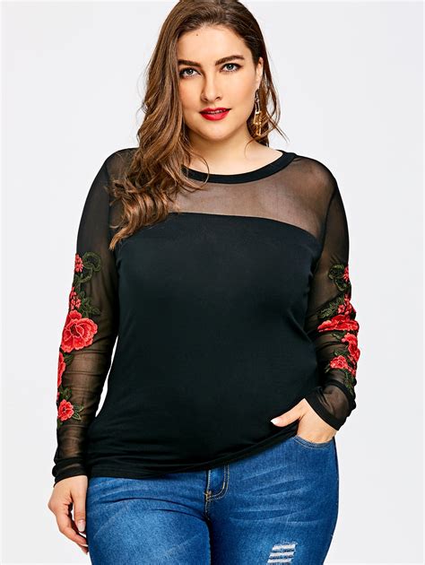 gamiss women plus size embroidery sheer long sleeve tops shirts women