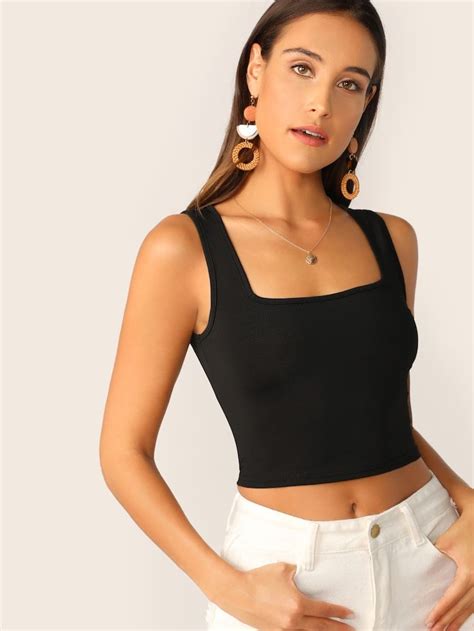 square neck ribbed crop tank top shein black crop top tank black