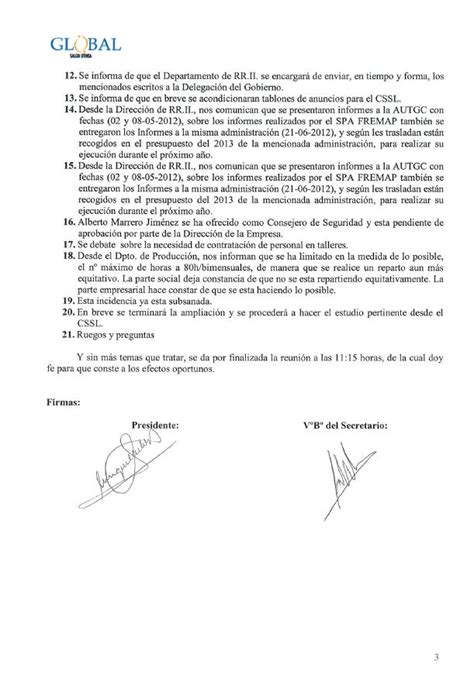 Comisiones De Trabajo En Global Acta Del Comité De Seguridad Y Salud