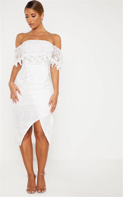 White Lace Bardot Bodycon Dress Dresses Prettylittlething