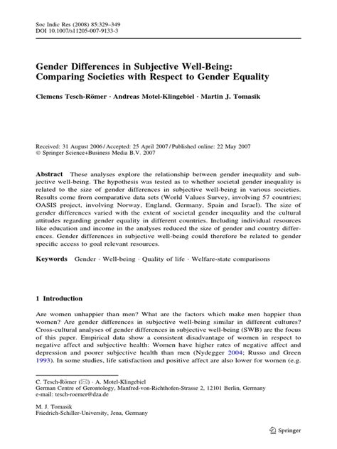 Gender Differences In Subjective Well Being Gender Role
