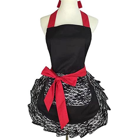 flirty aprons for women girs with pocket black lace ruffle original