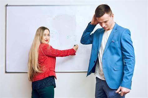 Management Training Worker Man Pondered Woman Blonde Teacher Stock