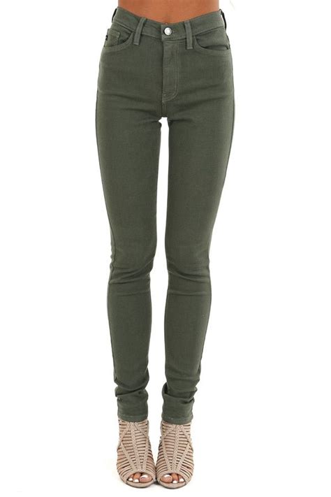 army green 5 pocket mid rise stretchy skinny jeans front view green