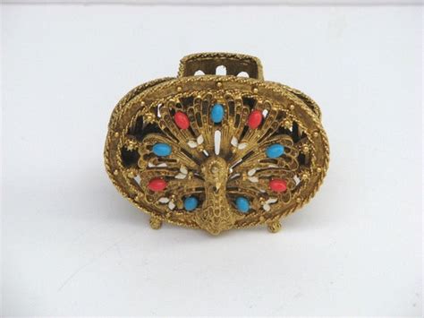 vintage 1950 s metal jeweled peacock lipstick holder by