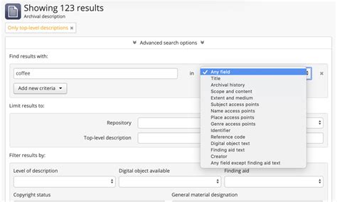 advanced search documentation version  atom open source archival description software