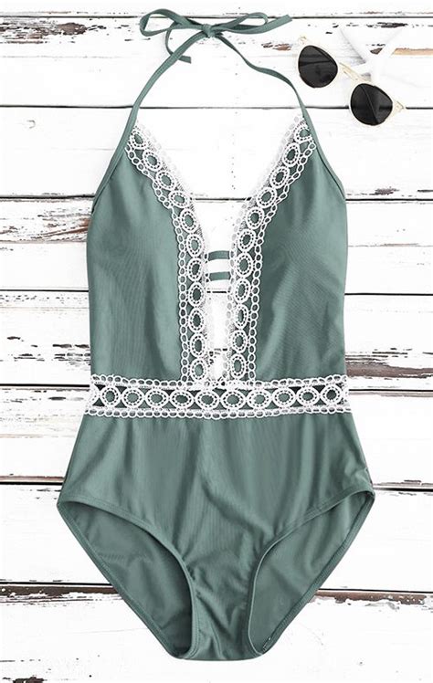 Crochet Panel Halter Backless One Piece Swimsuit Summer Wear Summer