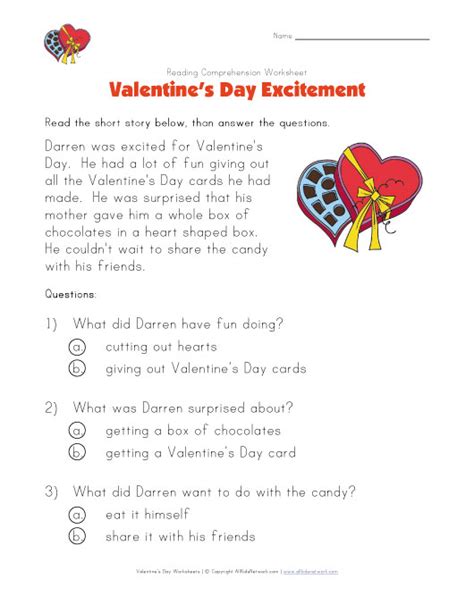 valentines day reading comprehension worksheet