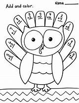 Coloring Addition Thanksgiving Worksheet Digit Single Owl Turkey Worksheets Fall Printable Grade Kindergarten Subject sketch template