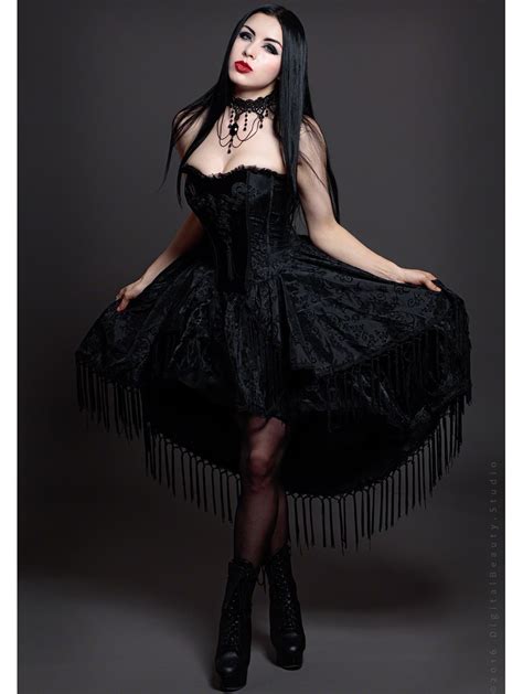 Punk Rave Black Floral Pattern Tassel High Low Gothic Dress