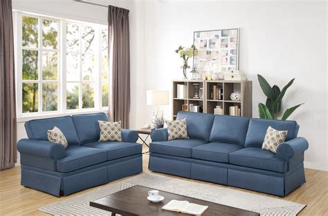 classic comfort cozy living room pc sofa set sofa  loveseat blue polyfiber pillows cushion