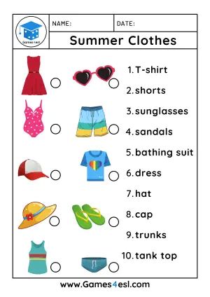 summer clothes worksheets gamesesl