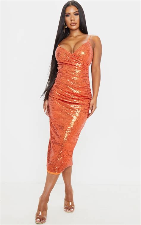 burnt orange sequin wrap over midaxi dress prettylittlething