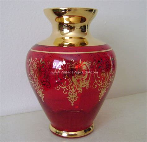 Vintage Vase Red Glass Gold Trim Scrolls Flowers Art Glass Ornament