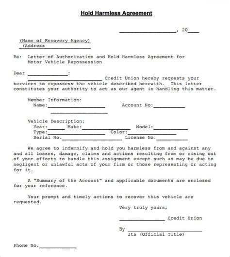 sample hold harmless agreement templates   ms word