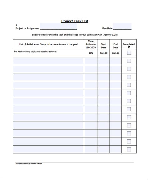 sample project task list templates   documents