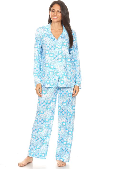 fashion brands group  womens sleepwear pajamas woman long sleeve button  set blue