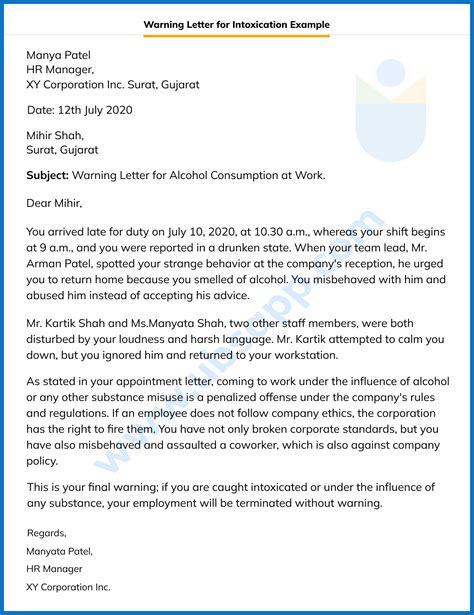 sample warning letter  drunk employee