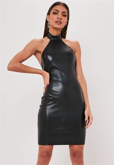 black faux leather halterneck mini dress missguided