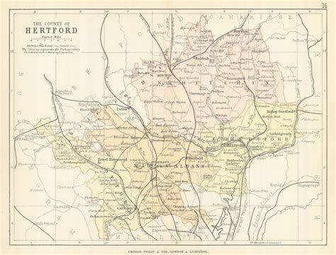 hertfordshire antique county map railways roads canals philip