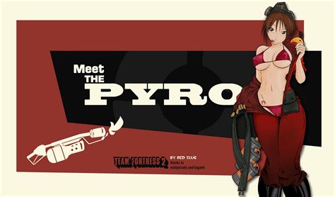 breasts brown eyes brown hair erect nipples open shirt red tattoo team fortress 2 the pyro