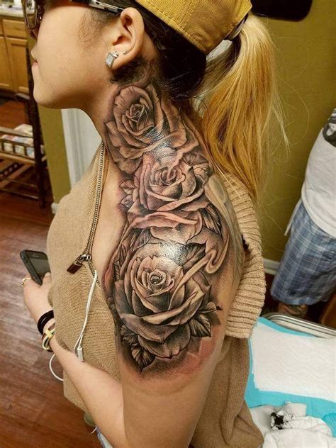 Fabulous Neck And Arm Rose Tattoo In Brown Arm Brown