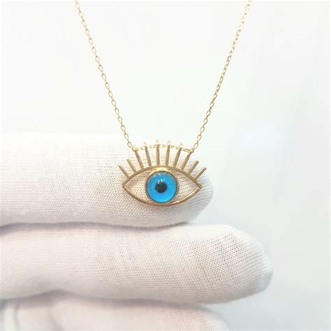 real solid gold evil eye eyelash necklace  women
