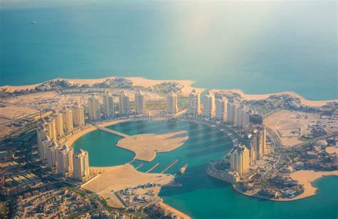 aerial view   pearl qatar island  doha  morning stock image