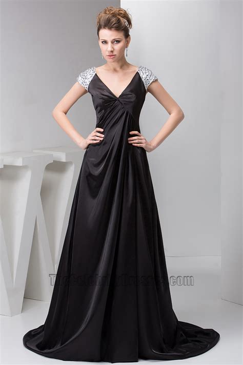 Long Black Cap Sleeves Formal Gown Evening Prom Dresses