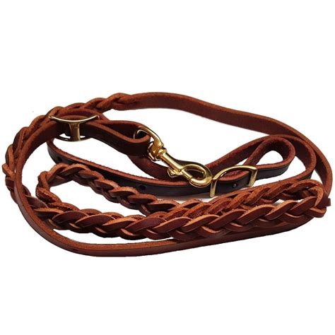 horse reins    piece braided leather roping   brass snap