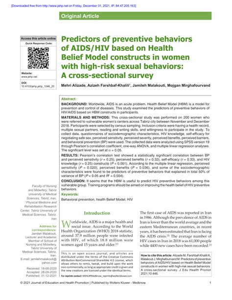 pdf predictors of preventive behaviors of aids hiv based on health