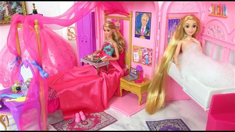 princess barbie rapunzel pink room morning routine غرفة doovi