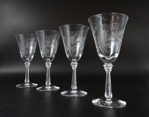 Four Antique Fostoria Cynthia Clear Depression Glass Cut Glass Wine