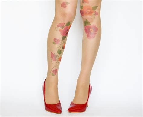 Tattoo Tights With Flowers Print Handprinted Womens Etsy