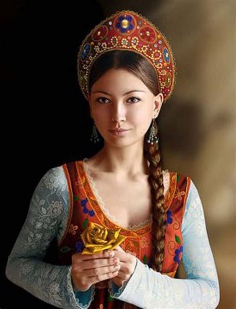 russian girl in traditional headdress kokoshnik folk art ethnic