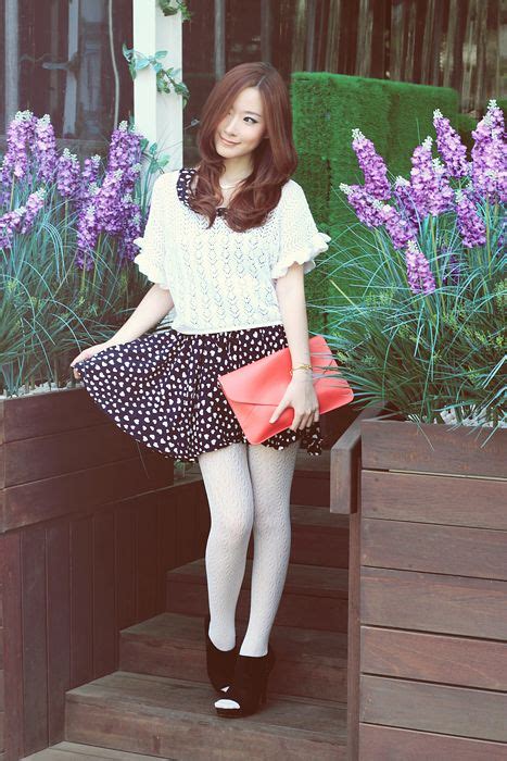 White Opaque Pantyhose Crochet Top And Black Skirt With White Spots White Tights
